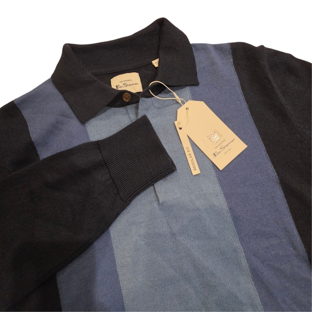Ben Sherman Mens Wool Blend Knit Polo Sweater Dark Navy Blue Striped Small